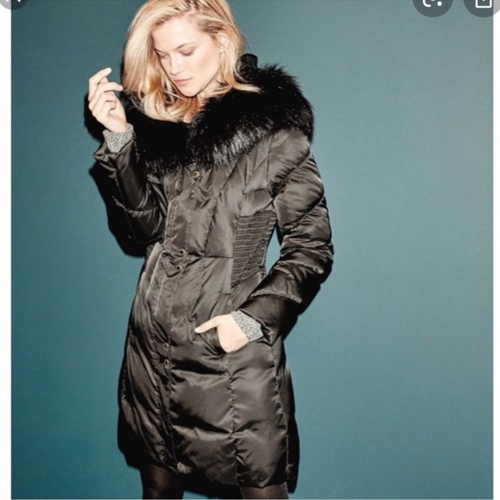 VIA SPIGA Puffer Trench Parka Coat Jacket Faux Fur Hood Trim Women’s Large